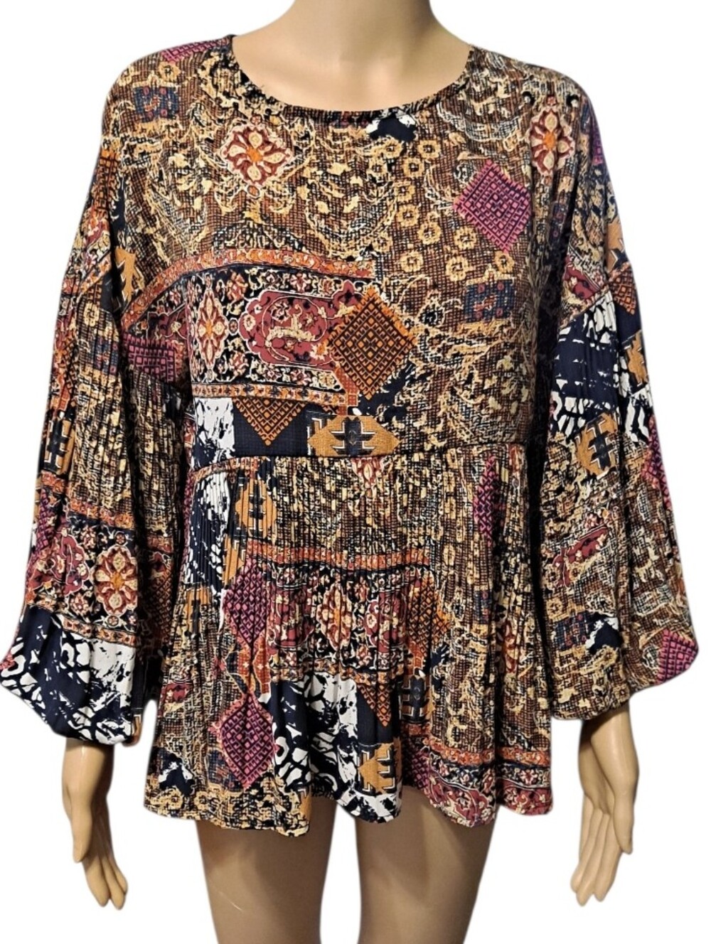 Cupio Boho Patchwork Print Peplum Top - Multicolor